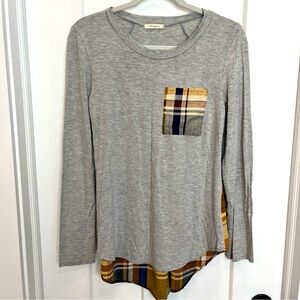 12pm by Mon Ami Women’s Gray Long Sleeve T-Shirt Orange Blue Plaid Accents Sz S